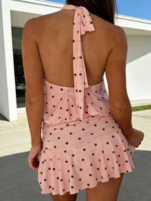 Women's Halter Mini Dress Summer Stylish Dot Print Sleeveless Backless Tiered Ruffle Dress - 粉色 - 查看 2