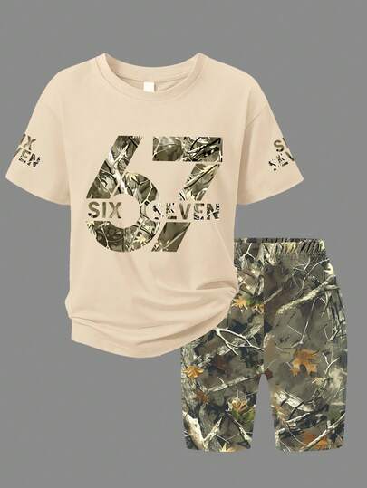 Set 2 buc. tricou cu imprimeu leopard și pantaloni scurți cu model "67" pentru fete, ținută minimalistă la modă, două piese, ținută casual pentru exterior, zi de zi, școală vara