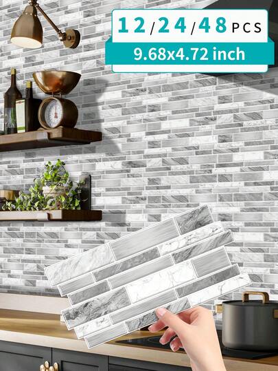 Bộ 12/24/48 miếng dán trang trí nhà bếp tự dính (Đây là miếng dán trang trí, không phải gạch thật), miếng dán tường 2D phẳng, nhiều màu sắc, họa tiết gạch không đều, thích hợp để trang trí nhà cửa, nhà bếp, phòng khách, phòng tắm, phòng ngủ, v.v.
