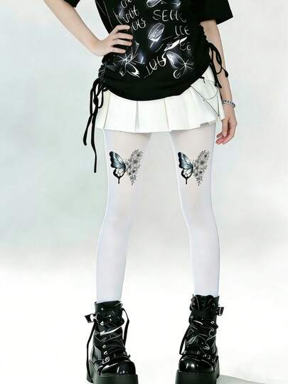 1双女士天鹅绒蝴蝶印花连裤袜，新颖独特，舒适时尚，适合日常穿着、通勤、节日派对和外出活动。