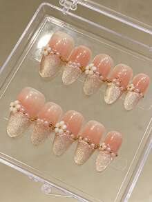 10片装3D迷你白色花朵美甲贴纸，杏仁形中长款金色猫眼法式极简风格，Y2K软妹可爱花朵手工美甲贴纸，适合日常佩戴，甜美极简假指甲，美甲用品手工贴纸，美甲工具，按压式假指甲，手工亚克力按压式假指甲 - 玫瑰金 - 查看 4