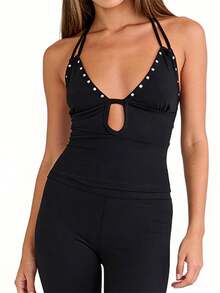 Womens Solid Halter Tank Tops Adjustable Tie Neck Front Cutout Slim Fit Vest With Round Stud Detail - Black - View 6