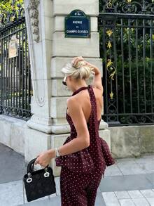 两件套波点优雅露背女装，适合度假及夏季日常穿着 - 酒紅色 - 查看 3