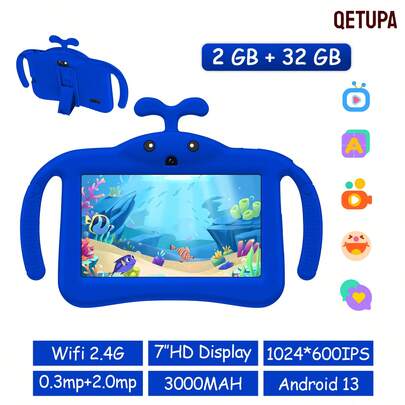 Qetupa لوحة أطفال أندرويد 13 بحجم 7 بوصة، ذاكرة وصول عشوائي 2 جيجابايت + ذاكرة تخزين 32 جيجابايت، شاشة لمس IPS بدقة 1024*600، بطارية 3000 مللي أمبير، كاميرا مزدوجة 0.3 ميجابكسل + 2.0 ميجابكسل، مع حافظة واقية من السقوط، للقراءة والألعاب. مصنوعة من زجاج مقوى لتصميم خفيف الوزن ومتين، ترفيه ممتع في أي مكان. يمكن استخدامها للكتابة والرسم في تطبيقات مثل OneNote. (محول الطاقة غير مشمول)
