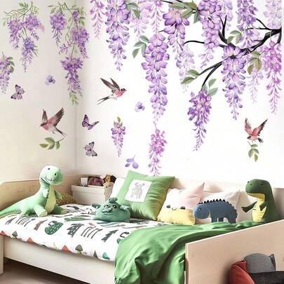 Purple Wisteria Tree Bird Butterfly Wall Stickers Pink Cherry Blossom Tree Wall Decals For Bedroom Playroom Home Wall Decor