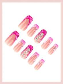 24pcs Rectangular Shiny Fake Nail Stickers, Pink Ombre Zebra Stripe, Star & Floral Rhinestone Decor, Suitable For Women & Girls In Y2K Style Press On Nails - Multicolor - View 3