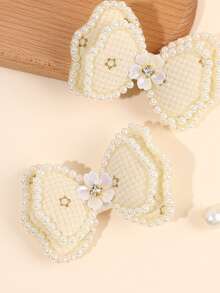 2个花朵珍珠蝴蝶结发夹，优雅时尚，日常发卡，少女青少年发饰 - 彩色 - 查看 3