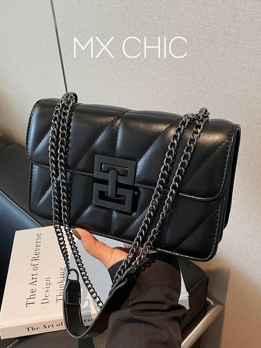 1pc Fashion New PU Square Bag Solid Color Versatile Chain Shoulder Bag For Women - Black - View 1
