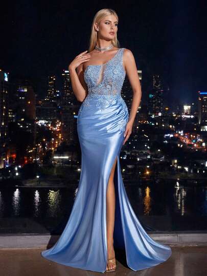 Women's Elegant Light Blue Satin One Shoulder Maxi Dress With Beaded Sheer Embroidery And Mermaid Slit For Formal Evenings And Prom