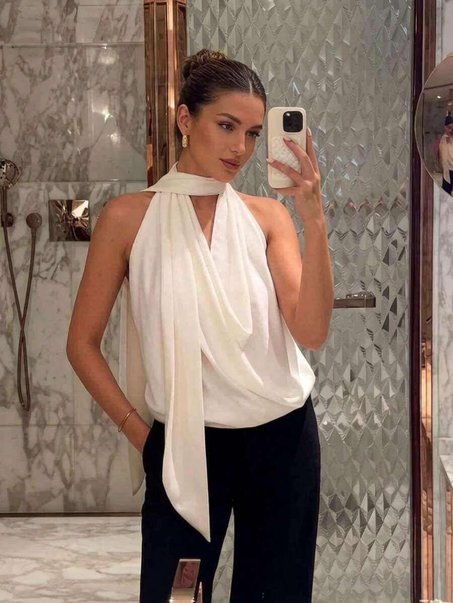 Camiseta y top sin mangas de mujer de estilo minimalista francés elegante, de estilo moderno de calle, de estilo "old money", de color blanco sólido, cómodo, con cuello de volantes de satén suelto, para primavera y verano - Blanco - Ver 1