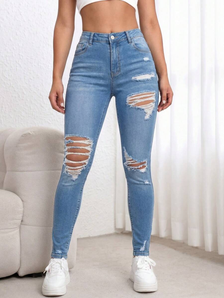 浅色水洗做旧高腰紧身牛仔裤，带有破洞细节，弹力街头风，适合春夏休闲、上学、派对穿着（Y2K朋克风） - 藍色 - 查看 1