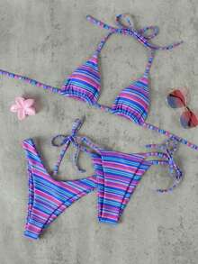 Bộ bikini 3 mảnh kẻ sọc hồng tím dành cho nữ, thanh lịch và gợi cảm, thích hợp cho kỳ nghỉ xuân/hè 2026, thiết kế thời trang phù hợp cho kỳ nghỉ, du lịch và mặc đi biển mùa hè. - Nhiều màu - Xem 1