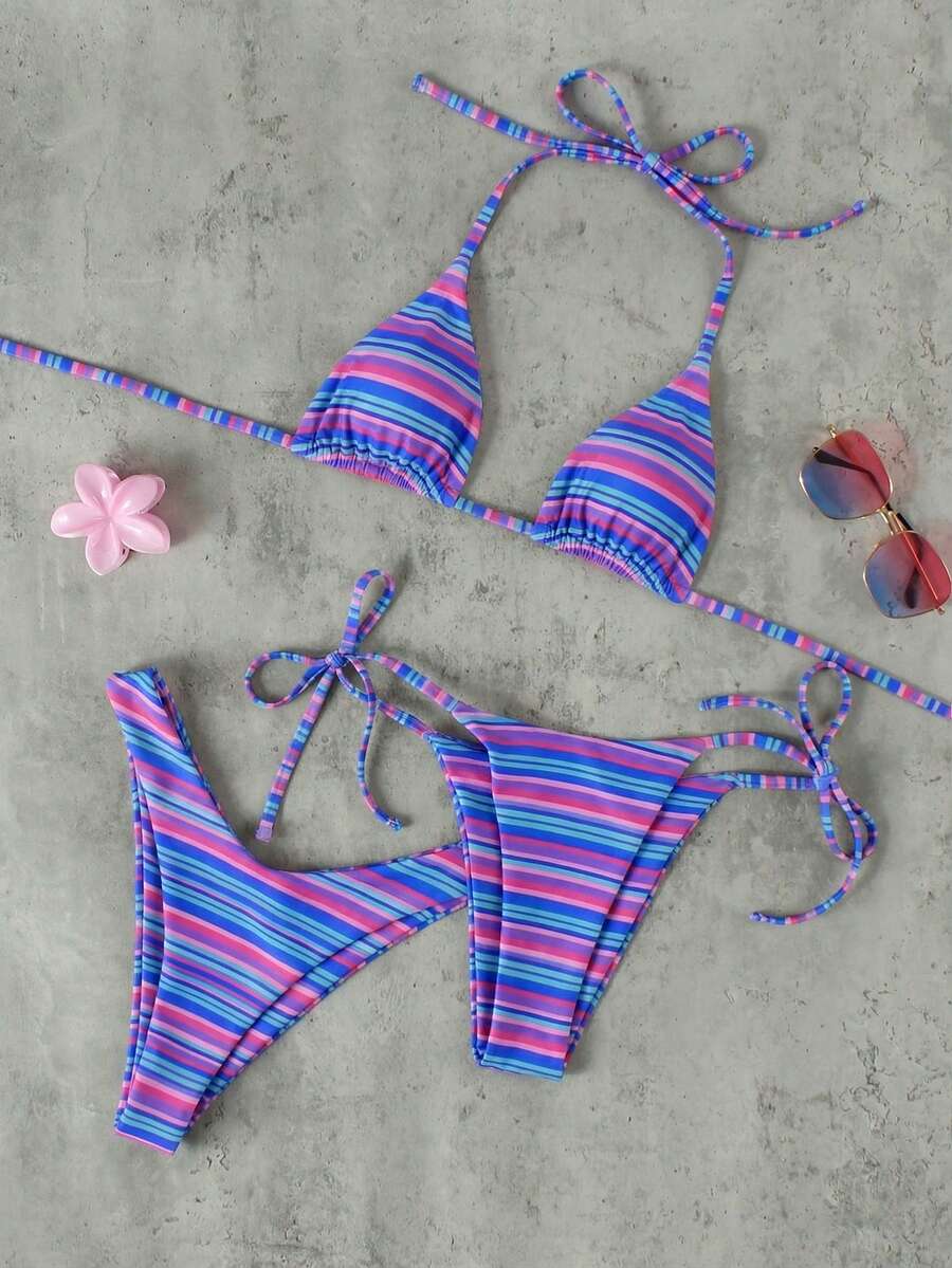 Bộ bikini 3 mảnh kẻ sọc hồng tím dành cho nữ, thanh lịch và gợi cảm, thích hợp cho kỳ nghỉ xuân/hè 2026, thiết kế thời trang phù hợp cho kỳ nghỉ, du lịch và mặc đi biển mùa hè. - Nhiều màu - Xem 1