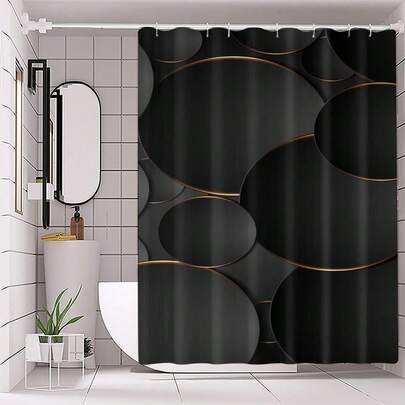 1pc Elegant Black & Gold Circle Pattern Polyester Shower Curtain, Digital Printing, No Drilling Installation, Floral Pattern, All Season Bathroom Decor, Bathroom Window Curtain