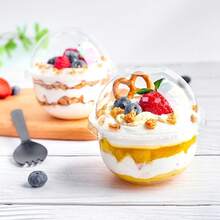 100 Pack Plastic Dessert Cups With Dome Lids (No Hole) And Sporks, 8oz/12oz/16 Oz Clear Disposable Fruit Cups With Lids, Disposable Clear Parfait Cups, PET Crystal Clear Cups, Snack Bowls For Parties For Yogurt Parfait Ice Creams Pudding Cakes Appetizers, Fruits, Mousse - 8OZ(100 cups + 100 cup lids + 100 sporks) - 查看 5