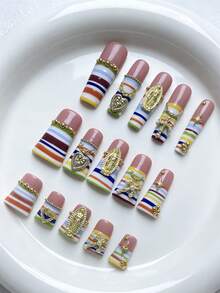 10入奢華金屬鍊條愛心鴨嘴水管彩虹線壓克力美甲貼片，適合女生手部、度假、度假穿搭、畢業、假日、婚禮、派對 - 彩色 - 查看 1
