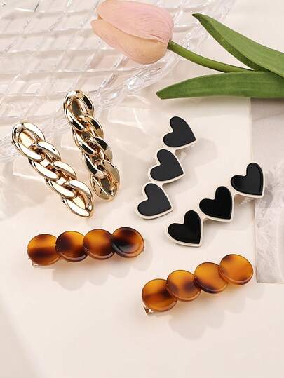 Bộ 6 kẹp tóc hình trái tim bằng acrylic, dây chuyền vàng và kẹp tròn màu hổ phách, phụ kiện tóc dành cho nữ.