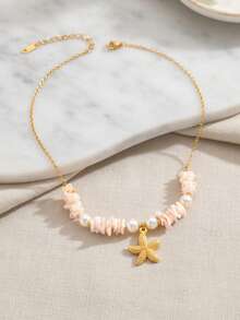 1件时尚金色海星贝壳吊坠项链，奢华海滨风格甜美仿珍珠吊坠首饰 - 彩色 - 查看 3