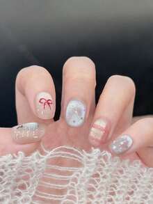 10pcs/Set Press On Nail Tips, Rock Sugar Pear, Flashing, Glass Beads, Cat's Eye, Hand Painted, Checkered, Cute, Handcrafted Wearable Nails - Multicolor - View 3