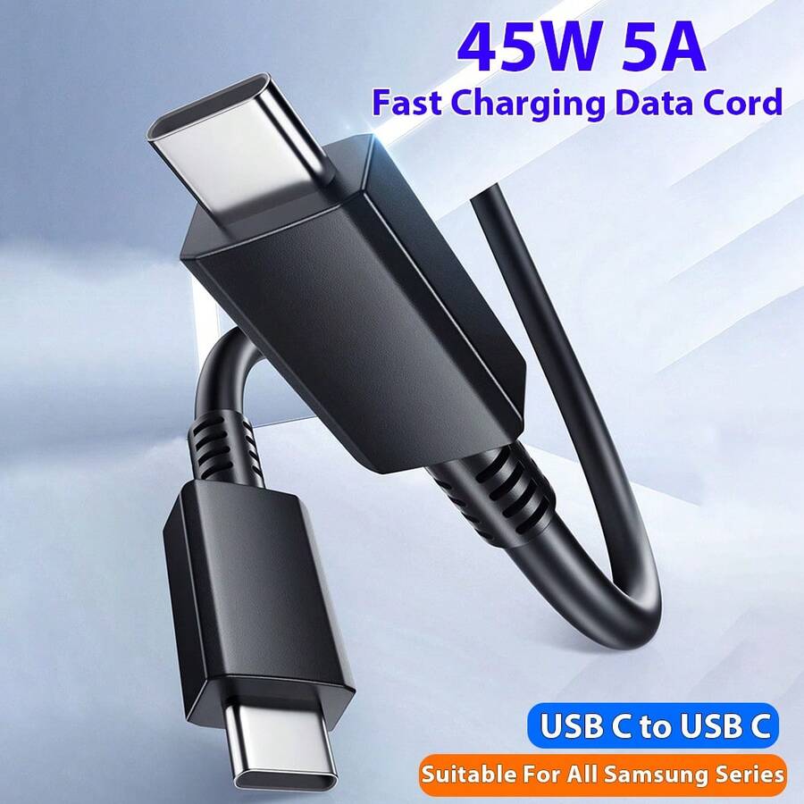45W 5A 双 USB-C 快充线，兼容三星 S20、S21 FE、S22 Plus、S23、S24 Ultra、Note20、A33、A53、A55、Z Flip 6，支持 Type-C 到 Type-C 高速数据传输 - 黑色 - 查看 1