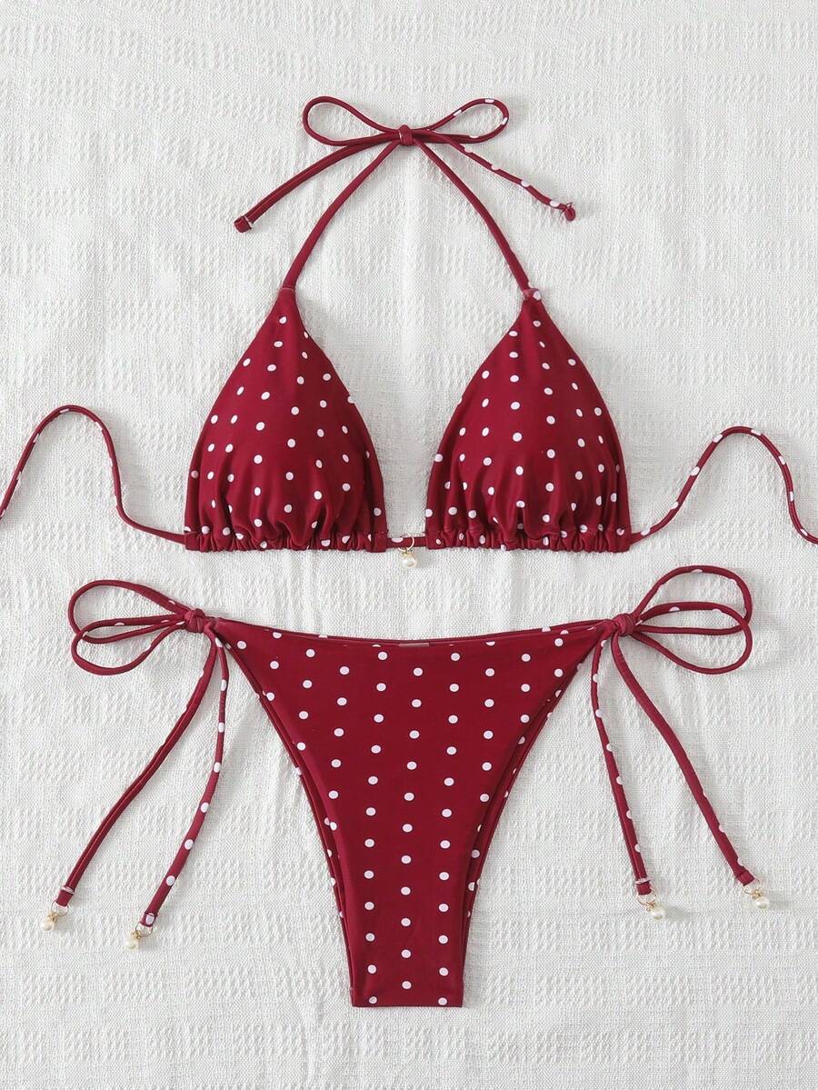 1 Set Burgundy Women's Polka Dot Halter Triangle Bikini Set – Tie-Side Thong Bottom Two-Piece Swimwear With Pearl Charm Detail, Retro Polka Dot Beach Bathing Suit For Females, Ideal For Summer Beach Vacations, Pool Parties, Date Nights, Viral Bestselling Must-Have, Perfect Gifts For Girlfriends, Friends & Bridesmaids - Đỏ - Xem 1