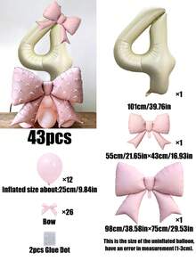 43pcs Birthday Theme 0-9 Number Balloon Set, 40-Inch Cream Color Number Foil Balloons, Pink Bow Balloons, Pink Latex Balloons, Bow Ribbon Accessories Suitable For Birthday Party, Anniversary Decoration - Birthday Suit - View 18