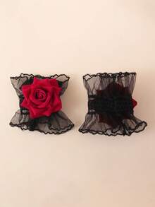 1 Cặp vòng hoa đeo tay kiểu Gothic, viền xốp đen với hoa hồng đỏ, thích hợp cho đám cưới, Halloween, dạ hội, tiệc Gothic. - 1 cặp vòng đeo tay - Xem 3