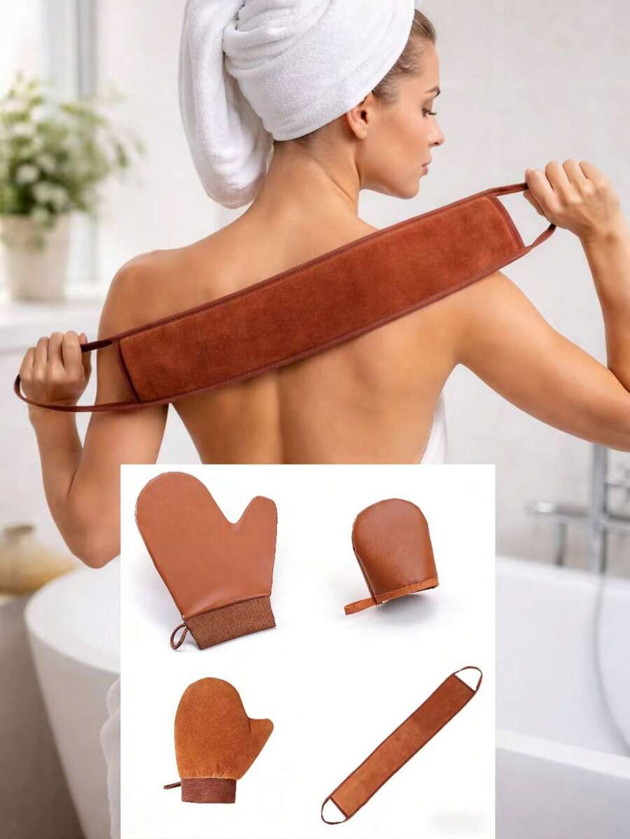 Bộ 4 món găng tay và dụng cụ thoa kem làm nâu da tự nhiên, bao gồm găng tay nhung co giãn cỡ lớn, găng tay da cỡ lớn và nhỏ, dụng cụ thoa kem dưỡng thể dài với thiết kế vải hai lớp và màng PE (chống thấm nước và chống dầu), chất liệu nhung mềm mại dày dặn và da mịn màng, giúp thoa kem làm nâu da, kem chống nắng và kem dưỡng thể một cách liền mạch và đều màu, có thể tái sử dụng và dễ dàng vệ sinh, thích hợp cho vùng lưng khó tiếp cận, cần thiết cho gia đình và du lịch.