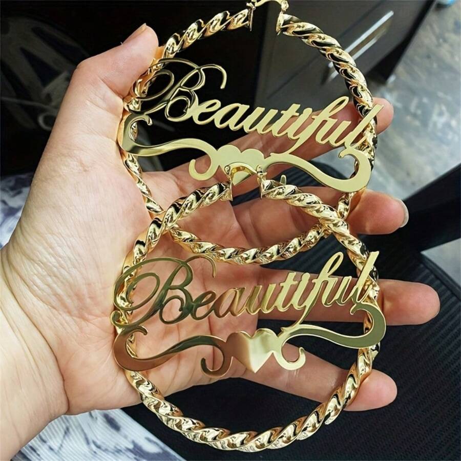 Personalized Name Twisted Hoop Earrings For Women, Custom Name Stainless Steel Earrings, Bohemian Oversize Earrings, Love Heart & Wave Patterns, Hip-Hop & Style Jewelry, Suitable For Anniversaries, Birthdays, Christmas Gifts - Gold - View 1