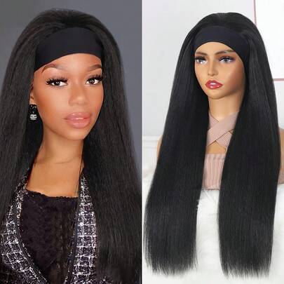 Peluca con diadema, cabello de cinta Yaki, peluca sintética negra con cinta, peluca sin encaje, peluca de color natural