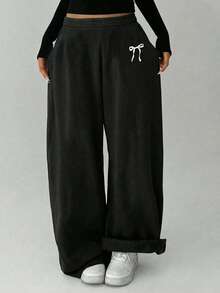 1pc Girls' Teen Loose Fit Bow Print Straight Leg Pants, Warm For Spring, Autumn, Winter - Black - View 3