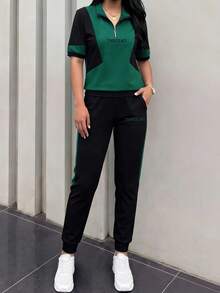 Spring/Summer Women's 2-Piece Set, Casual Fashion Sports Versatile Contrast Color Zipper Polo Collar Printed Short Sleeve Top And High Waist Striped Capri Pants Elegant - Dark Green - View 5