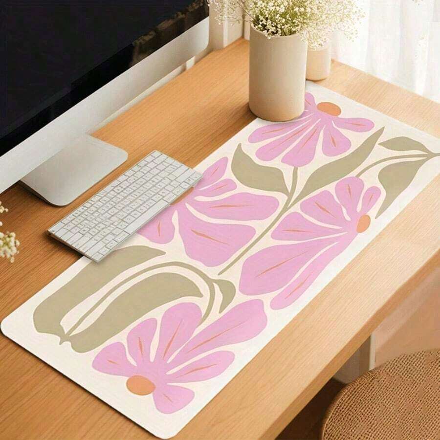 1pc Extra Large Floral Mouse Pad - Elegant Pink And Beige Floral Design, XXL Rubber Desktop Mat, Stitched Edges, Suitable For Women, Artists And Gamers, Extended Gaming And Office Decor, Mouse Pad Accessory |   Decorative Mouse Pad |   Smooth Surface Pad, Large Mouse Pad - 查看 1