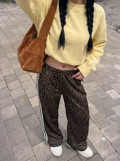 Rikumo Satin Ombre Straight Leg Pants, Loose Fit Leopard Print Hiphop Style Women's Trousers, Side Stripe Contrast Color Casual Wide Leg Pants, Spring/Autumn Lightweight