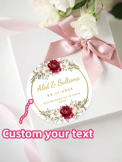 1-120pcs Custom Wedding Stickers - Personalized Floral Pattern Stickers, Custom Name & Date Labels, Waterproof & Oilproof Material, Perfect For Invitation Seals, Candy Box Decor, Favor Wrapping, Wedding Venue Decoration, Balloon Accents, Elegant & Romantic Design, Strong Adhesive & Reusable, Unique & Stylish, Ideal Gifts For Newlyweds, Family, Friends, Bridesmaids, Groomsmen, Great For Wedding Season, Anniversaries, Parties, Engagement Celebrations