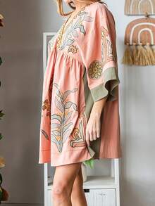 Vestido corto de verano para mujer con estampado floral, mangas cortas, escote en V y corte holgado, ideal para la playa. - Naranja - Ver 5