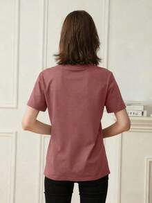 Summer TopsWomen's Summer New Simple Slogan Print Casual Vacation Style Loose Fit Round Neck Short Sleeve T-Shirt, Fashionable Everyday Top, Suitable - 中紫紅色 - 查看 5
