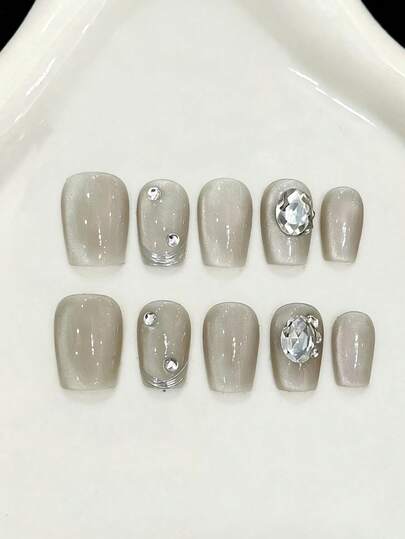 10PCS Middle Square Handmade Press On Nails For Party And Daily Wear,Light Gray Color Nails,Gray Cat Eye,Summer Nails, Flowers Nails,Shiny And Dazzling, Easy To Wear 10pcs Y2K Handmade Press On Nails,Shining Bright , Nails,Suitable For Girls And Women Festivals Parties And Daily Wear