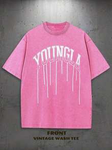 2026 New Arrival Y2K 2000s Retro Washed Casual Street Style Tops Men's Vintage Washed Cotton Oversized T-Shirt - Dripping YOUNGLA Font & Skull Graphic Tee, Streetwear Grunge Style, Casual Short Sleeve Top For Hip Hop & Gothic Fashion 2000s Style Retro Graphic Tees - Hồng nóng - Xem 4