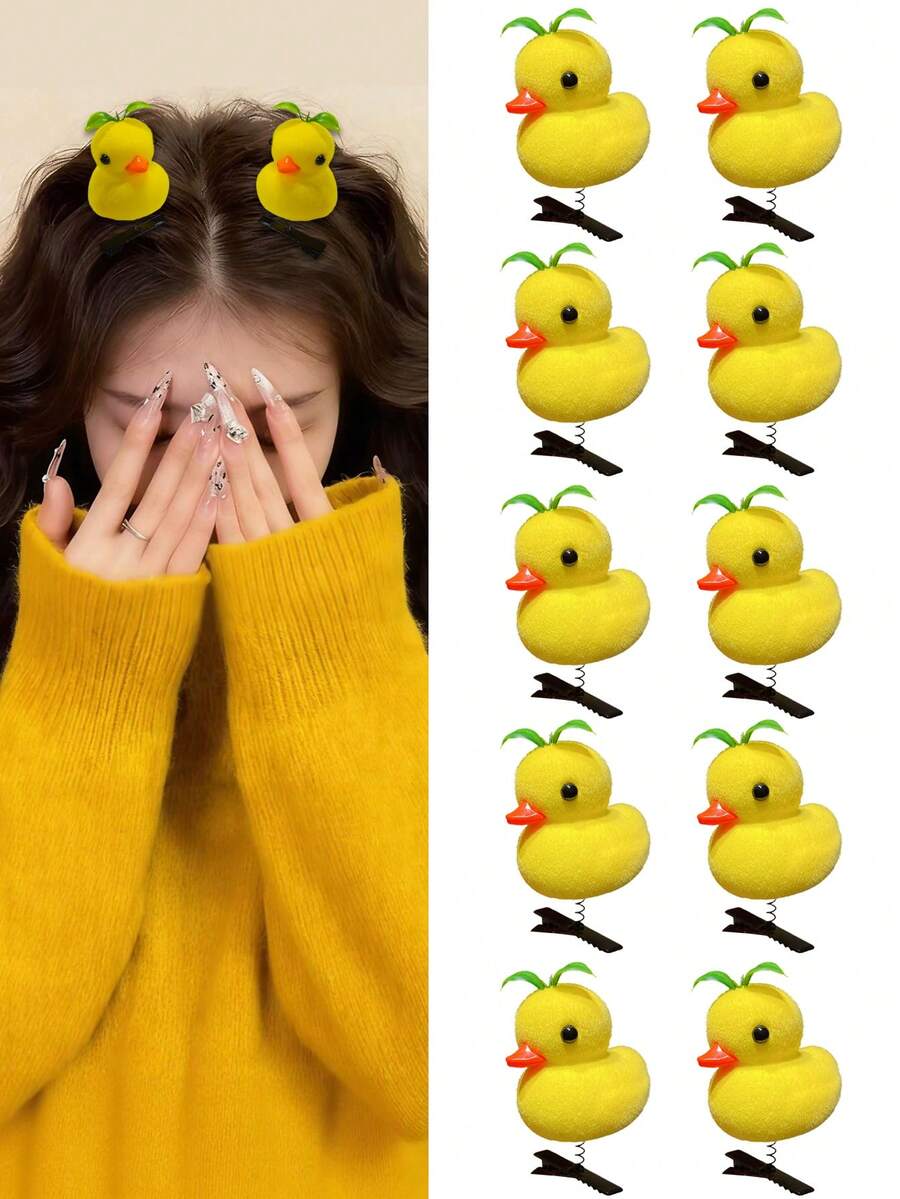 10个/套 可爱随机小鸡绿叶弹簧发夹，适合日常、派对、刘海、卡通发饰、趣味节日聚会、拍照、直播礼物、青春百搭、旅行、生日
