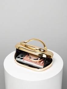 时尚金属装饰迷你盒形手拿包，闪亮金属条点缀女士手提包，优雅奢华，适合晚礼服、派对/婚礼/舞会/盛大场合，配有金属链 - 金色 - 查看 2