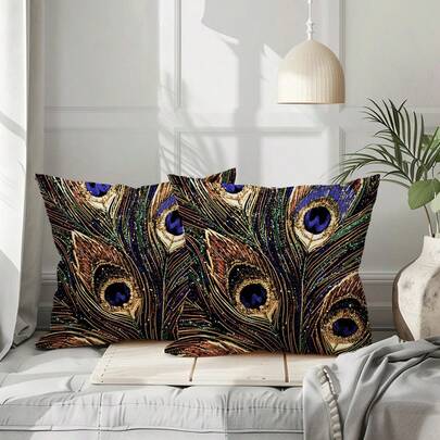 Bộ 2 vỏ gối in họa tiết lông công tối giản, trang nhã, phù hợp với nhiều kiểu trang trí phòng, phòng ngủ, trang trí ngày lễ, trang trí tiệc (Không kèm ruột gối) (Không thêu) (Nhiều kích cỡ) (In một mặt)