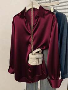 Plus Size Spring/Summer Shirt, Shirt Collar, Button Front, Long Sleeve, Regular Fit - Burgundy - View 1