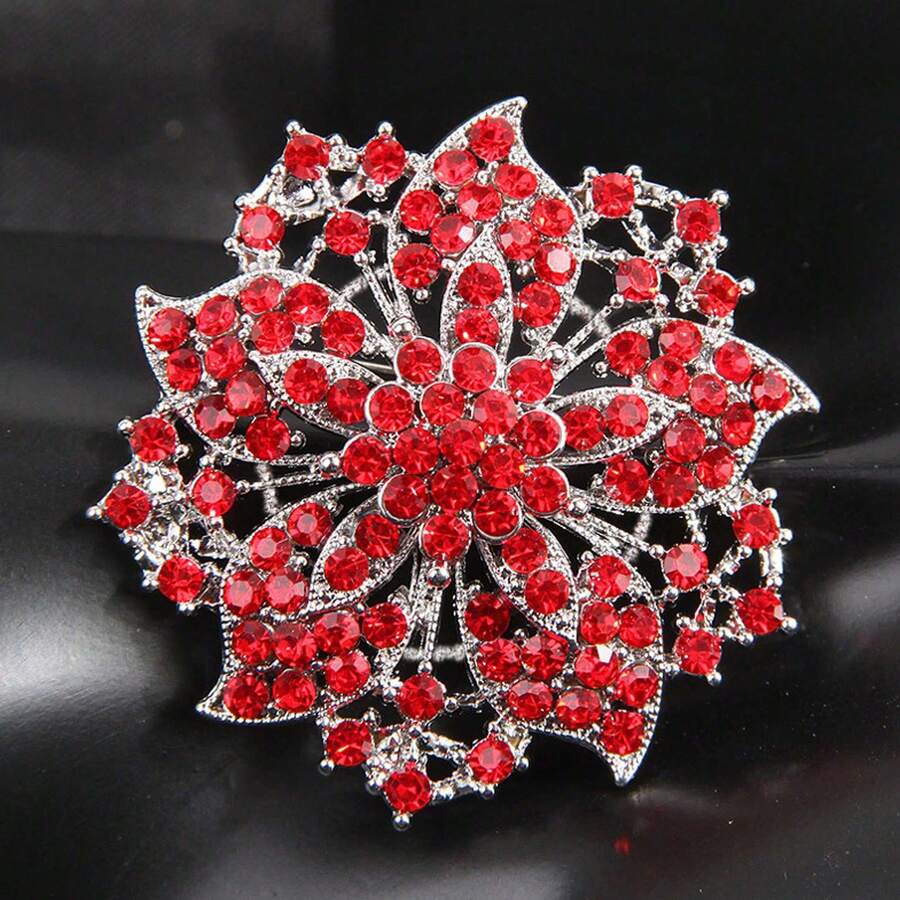 1pc Luxury Floral Rhinestone Brooch - Red - View 1