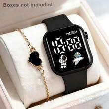 2 pièces/set Montre numérique LED à motif astronaute et vaisseau spatial à la mode, et bracelet en forme de cœur. Convient pour le port quotidien, les activités extérieures, l'école, les vacances, les cadeaux - Multicolore - Voir 9