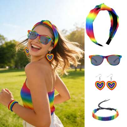 Set de diadema con rayas arcoíris LGBTQ, aretes con forma de corazón, pulsera tejida y estuche para gafas, esencial para fotos en el desfile del orgullo y accesorios diarios, LoveWins Mes del Orgullo