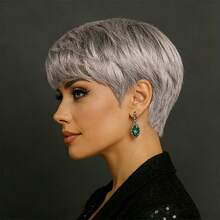 Glueless Grey Color 4-Inch Pixie Cut Human Hair Wig - Brazilian Hair With Bangs, Easy To Wear Cosplay Wig, Straight Layered Look, Ideal For Women's Cosplay & Parties & Date, Hi-POP Music Dancer/Rapper Wear, Cosplay Wig - SGray - View 8