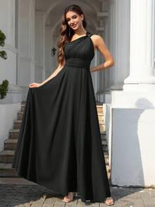 Volly Toych Elegant And Noble Black Chiffon Long Bridesmaid Dress, Sleeveless Asymmetric Neckline Ruched Twist Design, Suitable For Formal Occasions - Black - View 4