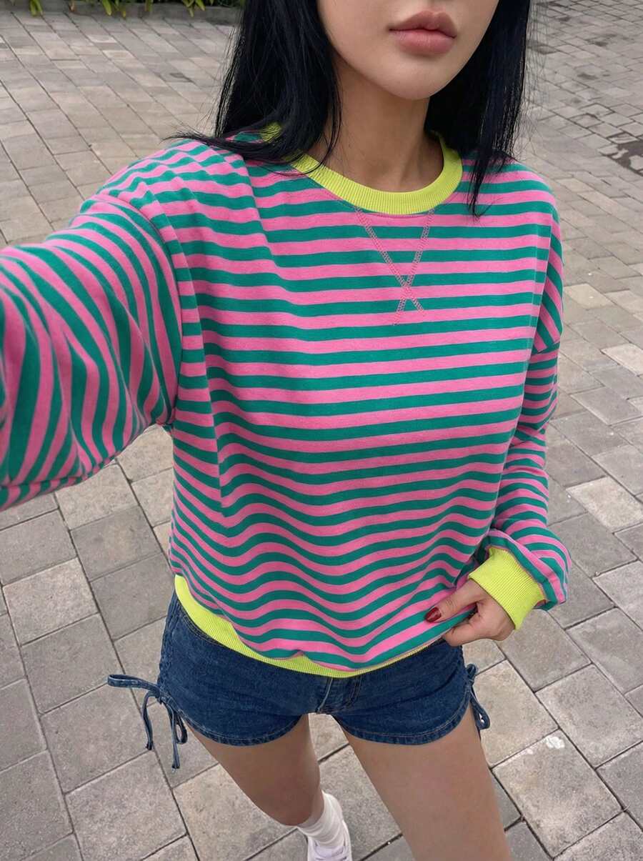 Rikumo 春秋新款休闲条纹碎花圆领拼接长袖宽松T恤，粉色长袖上衣 - 粉色 - 查看 1