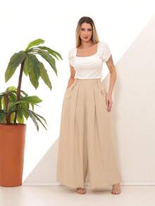 Women's Wide Leg High Waist Wide Leg Pants - Medium Wash - View 6